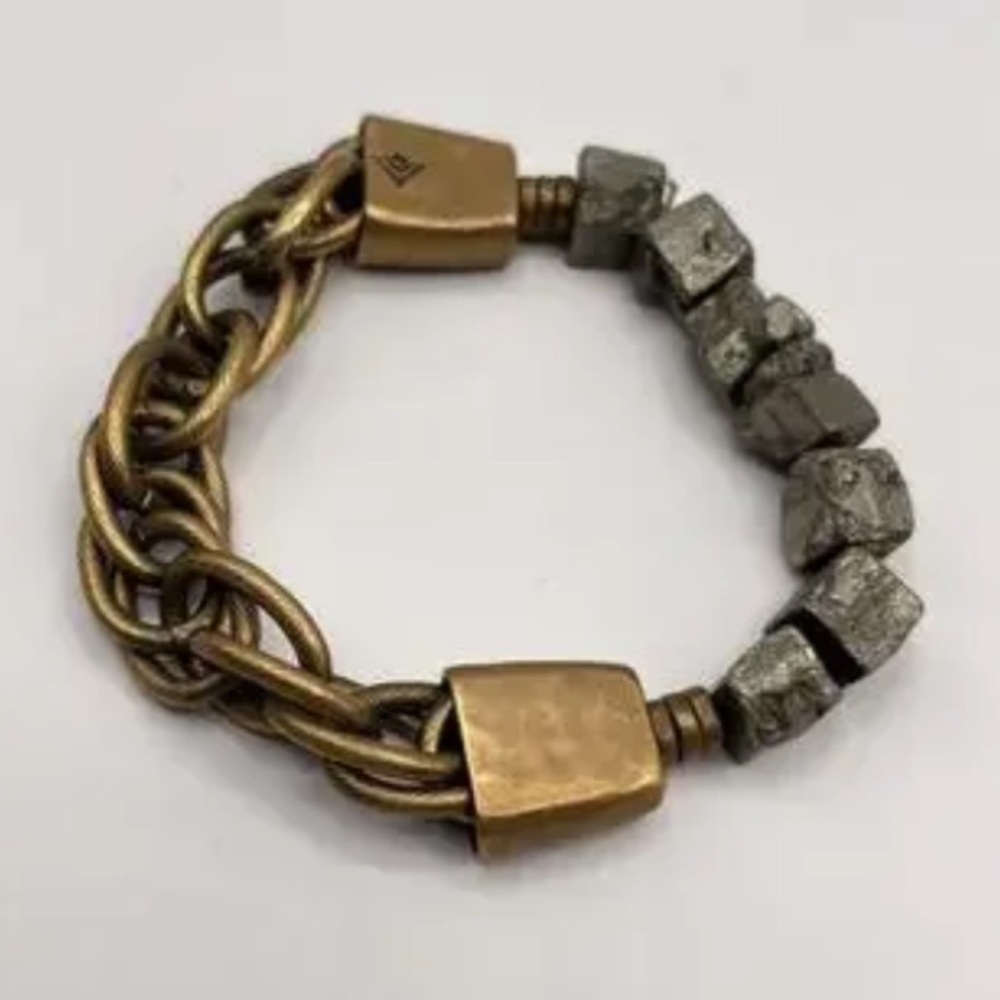 Silpada Stretch Chain/Nugget pyrite stone Bracelet Brass Chunky Heavy Vintage